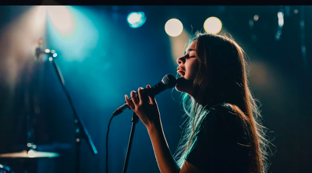 Young white female professional singer performing on stage