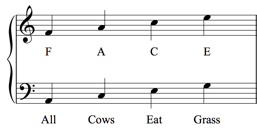 Note names for spaces of the treble and bass clef